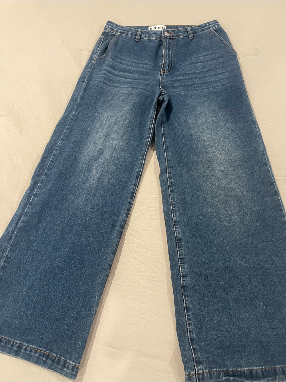S.O.N.G. Wide Leg Baggy Jeans 7/28 Blue Y2K Whiskered Denim